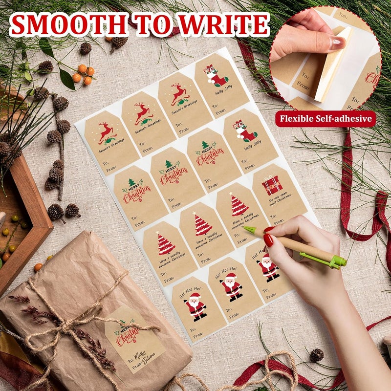 COCHIE Christmas Gift Tags Stickers, 96Pcs Christmas Gift Labels, Xmas Name Tags for Wrap Presents Boxes Decoration, 2 x 3 Inch, Self-Adhesive Natural Kraft Paper Stickers - Image 3